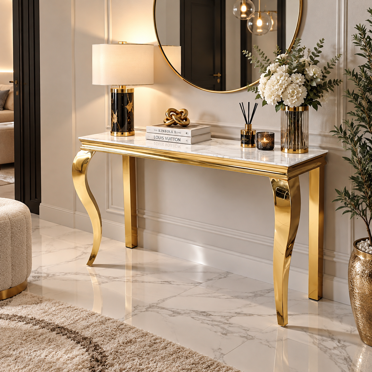 Console Baroque – Marbre Blanc & Doré