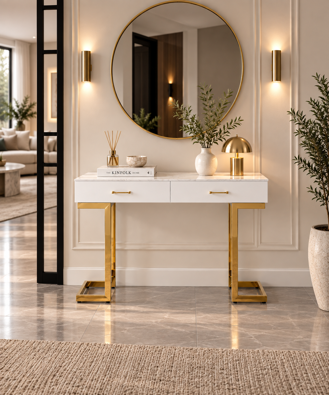 Console / Coiffeuse Lila – Effet marbre & Pieds dorés