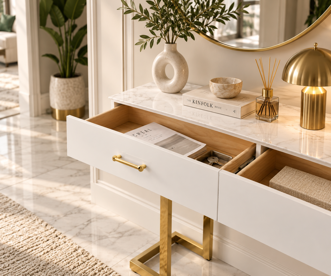 Console / Coiffeuse Lila – Effet marbre & Pieds dorés