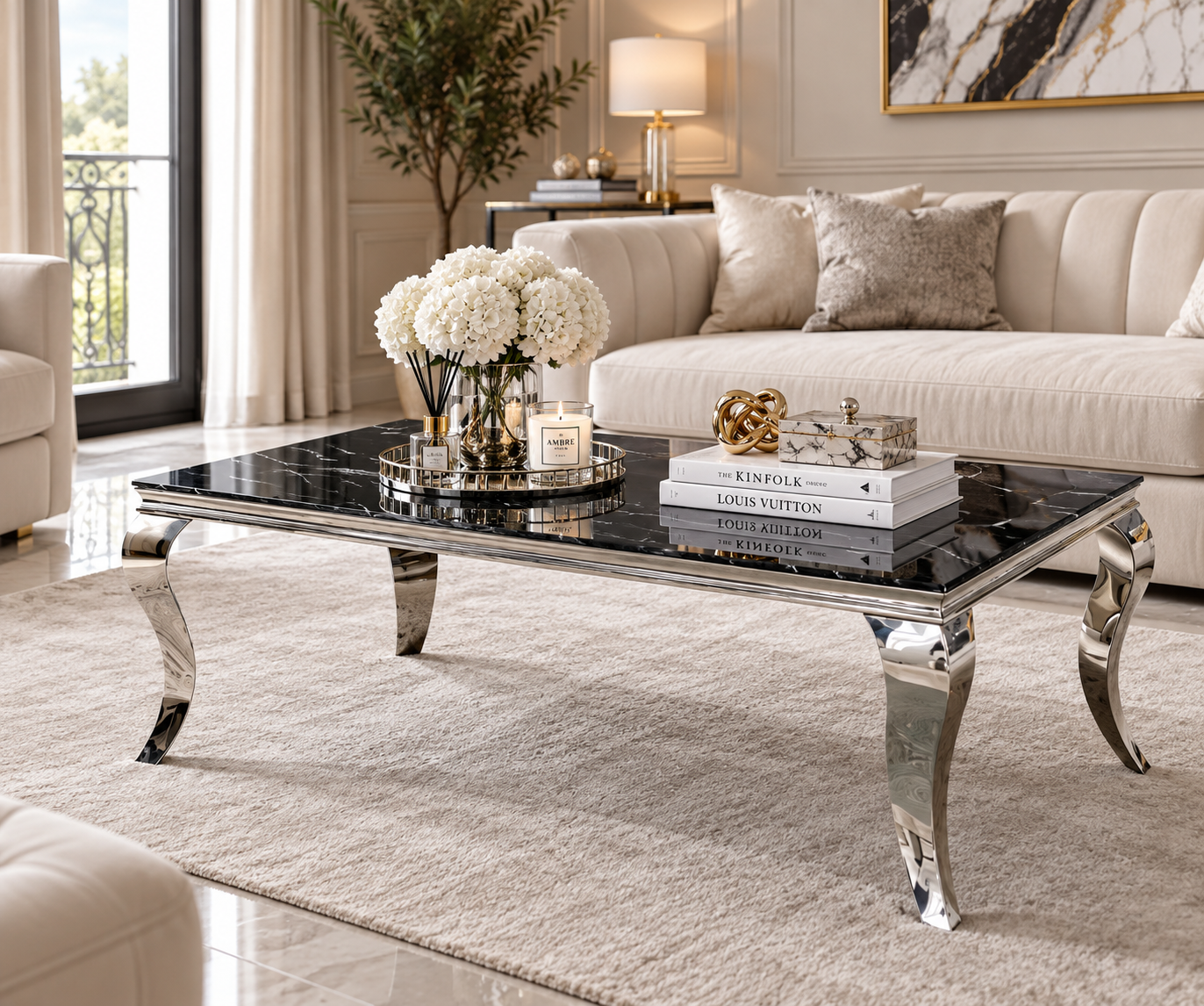 Table basse Baroque – Marbre & Argenté