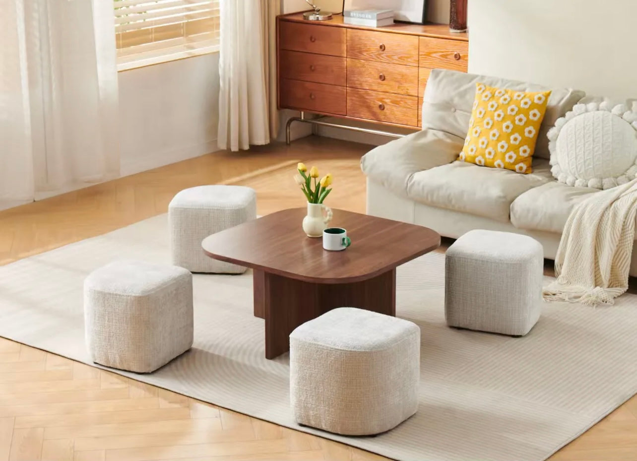 Table Basse Marbella avec 4 Poufs – Effet Noyer  Tissu Marbella