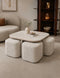 Table Basse Marbella avec 4 Poufs – Effet Travertin Céramique & Tissu Marbella Beige