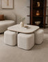 Table Basse Marbella avec 4 Poufs – Effet Travertin Céramique & Tissu Marbella Beige