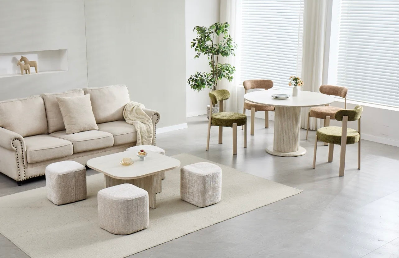 Table Basse Marbella avec 4 Poufs – Effet Travertin Céramique & Tissu Marbella Beige